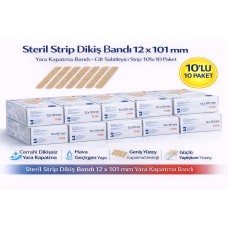 Steril Strip Dikiş Bandı 12 X 101 Mm Yara Kapatma Bandı Cilt Sabitleyici Strip 10’lu 10 Paket