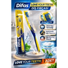 Difaş Love Your Teeth Diş Fırçası 1 Adet Orta Sert Ergonomik Tutma Saplı Manuel Diş Fırçası