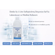 Distile Su 1 Litre Saflaştırılmış Deiyonize Saf Su Laboratuvar Ve Medikal Kullanım 1 Adet