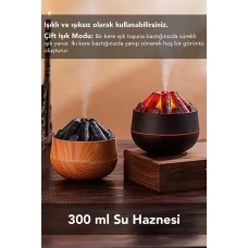 Egonex Ahşap Odun Ateşi Tasarımlı Hava Nemlendiricisi-Buhar Makinası-Aroma Difüzörü Led Işık Volkanik Alev 300ml