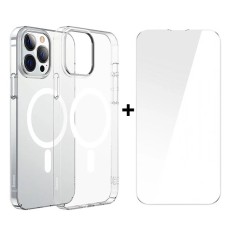 Baseus Crystal iPhone 13 Pro Max 6.7 Magsafe Silikon Kılıf + Tempered Ekran Koruyucu Set-(5775)