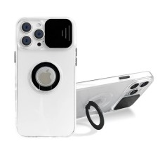Ally iPhone 12 Pro Max Kılıf Sürgülü Kamera Lens Korumalı Yüzük Standlı Silikon Kılıf-(5775)
