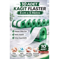 Kağıt Flaster 5 Cm X 5 M 10 Adet Medikal Sabitleme Bandı Hassas Ciltler İçin