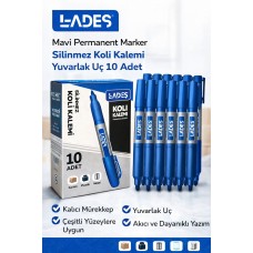 Lades Mavi Permanent Marker Silinmez Koli Kalemi Yuvarlak Uç 10 Adet