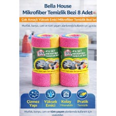 Bella House Mikrofiber Temizlik Bezi 8 Adet (4'lü 2 Rulo) Çok Amaçlı Yüksek Emici Mikrofiber Temizlik Bezi Seti