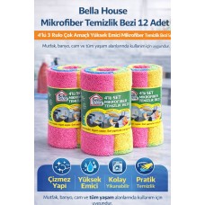 Bella House Mikrofiber Temizlik Bezi 12 Adet (4'lü 3 Rulo) Çok Amaçlı Yüksek Emici Mikrofiber Temizlik Bezi Seti