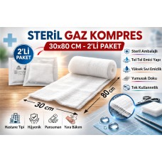 Steril Gaz Kompres 30x80 Cm 2'li 1 Paket Tel Tel Spanç Steril Gazlı Bez Yara Bakım Kompresi