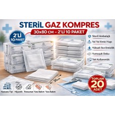 Steril Gaz Kompres 30x80 Cm 2'li 10 Paket Tel Tel Spanç Steril Gazlı Bez Yara Bakım Kompresi