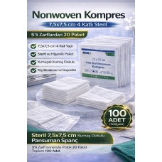 Nonwoven Kompres 7,5x7,5 Cm 4 Katlı Steril 100 Adet (5’li Zarflardan 20 Paket) Pansuman Spanç 1 Kutu