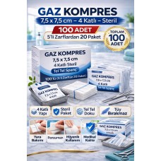 Gaz Kompres 7,5x7,5 Cm 4 Katlı Steril 100 Adet Tel Tel Spanç (5’li Zarflardan 20 Paket)1 Kutu