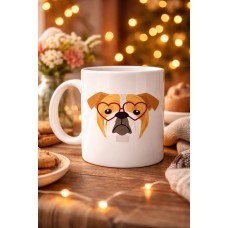 Kalpli Gözlüklü İngiliz Bulldog Tasarımlı Porselen Kupa Model 52 – Sevimli Köpek Desenli Kahve & Çay Kupası
