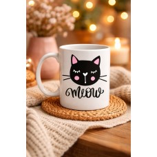 Sevimli Kedi Desenli Porselen Kupa Model 63 – “meow” Yazılı Kahve & Çay Keyfi İçin Tatlı Tasarım