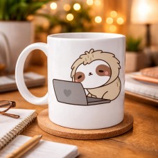 Laptoplu Tembel Hayvan Desenli Porselen Kupa Model 109 – Sevimli Sloth Tasarımlı Kahve Kupası , Ofis & Ev İçin Eğlenceli Hediye