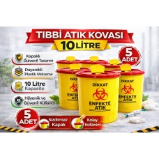 Tıbbi Atık Kovası 10 Litre 5 Adet Kapaklı Tıbbi Atık Kutusu Enfekte Atık Kovası Seti