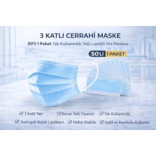 3 Katlı Cerrahi Maske 50'li 1 Paket Tek Kullanımlık Telli Lastikli Yüz Maskesi