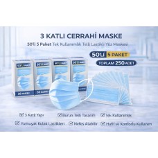 3 Katlı Cerrahi Maske 50'li 5 Paket Tek Kullanımlık Telli Lastikli Yüz Maskesi Toplam 250 Adet