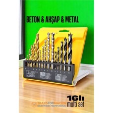 Pro 16'lı Çok Amaçlı Matkap Ucu Seti - Beton, Metal ve Ahşap İçin