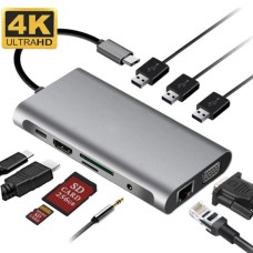 Ally 10'u 1 Arada USB-C Hub Adaptörü – HDMI, VGA, RJ45, PD 100W, USB 3.0 Çoklayıcı
