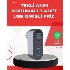 2500W Güç Destekli 3 USB Çıkışlı Akım Korumalı Priz