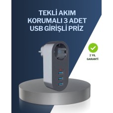 Çocuk Korumalı 3'lü Priz + USB Şarj ve Akım Koruması