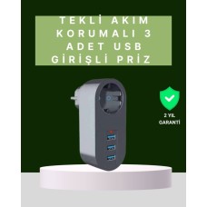Akıllı Güç Prizi 3 USB Sigortalı Termal Koruma