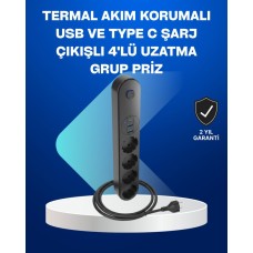 4'lü Akıllı Akım Dengelemeli Çoklu Priz - Tip-C ve USB Çıkışlı