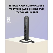 Akım Korumalı 4'lü Çoklu Priz + 2 USB + 1 Type-C 2500W Güç