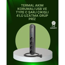 Akım Korumalı 6'lı Çoklu Priz - USB'li ve Type-C'li Led Anahtarlı