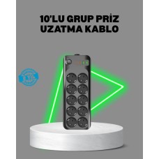 10'lu Akım Korumalı Grup Priz USB Type-C Hızlı Şarj 2500W 2M Kablo
