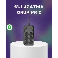 USB Type-C Hızlı Şarj Termal Korumalı 6 Prizli Çoklu Uzatma Kablosu