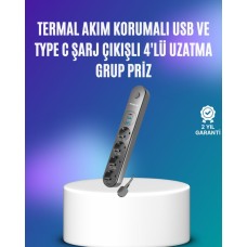 4'lü Çoklu Priz 2 USB Type-C Girişli Akım Korumalı Siyah
