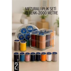 10 Renk 2000 Metre Dikiş İpliği Seti - Kutu İçinde Mezuralı Pratik Dikiş Seti