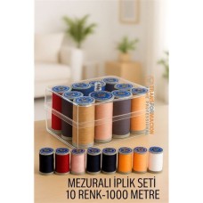 Renkli Dikiş Ipliği Seti - 10 Farklı Renk, 1000 Metre, Pratik Kutu ve Mezura Hediyeli