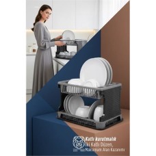 Modern 2 Katlı Rattan Dokulu Bulaşıklık - Şık Kirli Beyaz & Siyah Tasarım