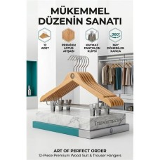 ✨ 12'li Ahşap Elbise Askısı Seti | Kıskaçlı Pantolon Askısı, Kaymaz Çentikli Ceket Askılığı