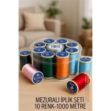 10 Renk 1000 Metre Dikiş İpliği Seti – Mezuralı, Kutulu, Premium Dikiş İpliği