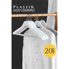 20'li Beyaz Ahşap Desenli Plastik Askı - Dayanıklı ve Şık Gardırop Düzeni