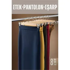 Doğal Ahşap Etek Pantolon Askılığı - 8 Parça Kıskaçlı Elbise Askısı