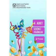 Eğlenceli Karakterli Çocuk Pipet Seti - 4'lü Renkli Tasarım