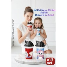 Eğlenceli Unicorn ve Kedi Pipetli Su Şişesi Seti