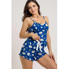 Çiçek Desenli Rahat Mavi Pijama Takımı