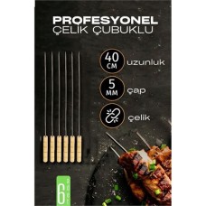 Ahşap Saplı Çelik Mangal Şiş Seti 6 Adet - Izgara ve Kebap için Profesyonel Barbekü Şişleri