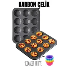 Teflon Kaplı Muffin Kalıbı 12'li Set - 100 Adet Muffin Kağıdı Hediyeli