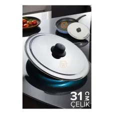 Premium Çelik Tava Kapağı 31 cm – Temperli Cam & Paslanmaz Çelik Tasarım