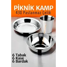 Paslanmaz Çelik Kamp & Piknik Seti 18 Parça: Tabak, Kase & Bardak Seyahat Takımı