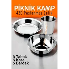 Premium Paslanmaz Çelik Kamp Piknik Seti | 18 Parça Tabak Kase Bardak