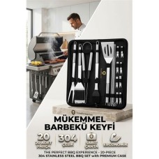 20 Parça Paslanmaz Çelik Profesyonel Barbekü Seti - Çantalı Mangal Aşımlı Spatula, Fırça ve Şişler