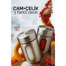 Çelik Üçlü Delik Tuzluk & Biberlik Seti - Hsnet Cam+