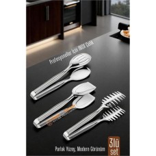 3'lü Premium Inox Çelik Mutfak Maşa Seti - Makarna, Pasta ve Salata İçin Çok Amaçlı Tutma Aparatı