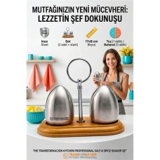 Paslanmaz Çelik Yumurta Formlu Tuzluk Biberlik Seti Ahşap Standlı